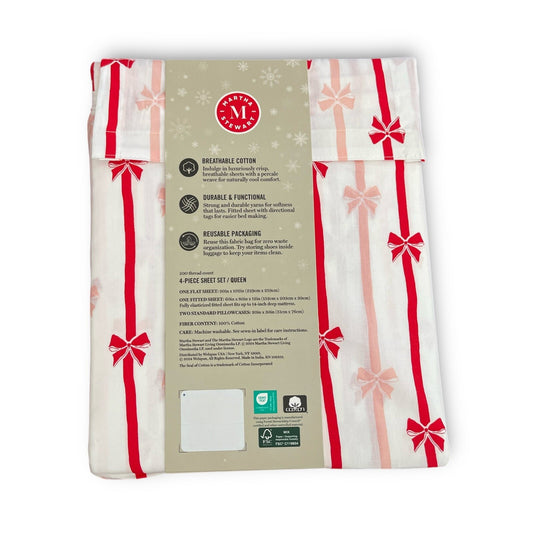 Martha Stewart 4pc Bows and Ribbons Christmas Queen Sheet Set 100% Cotton NWT - Trendiez U ♥ 