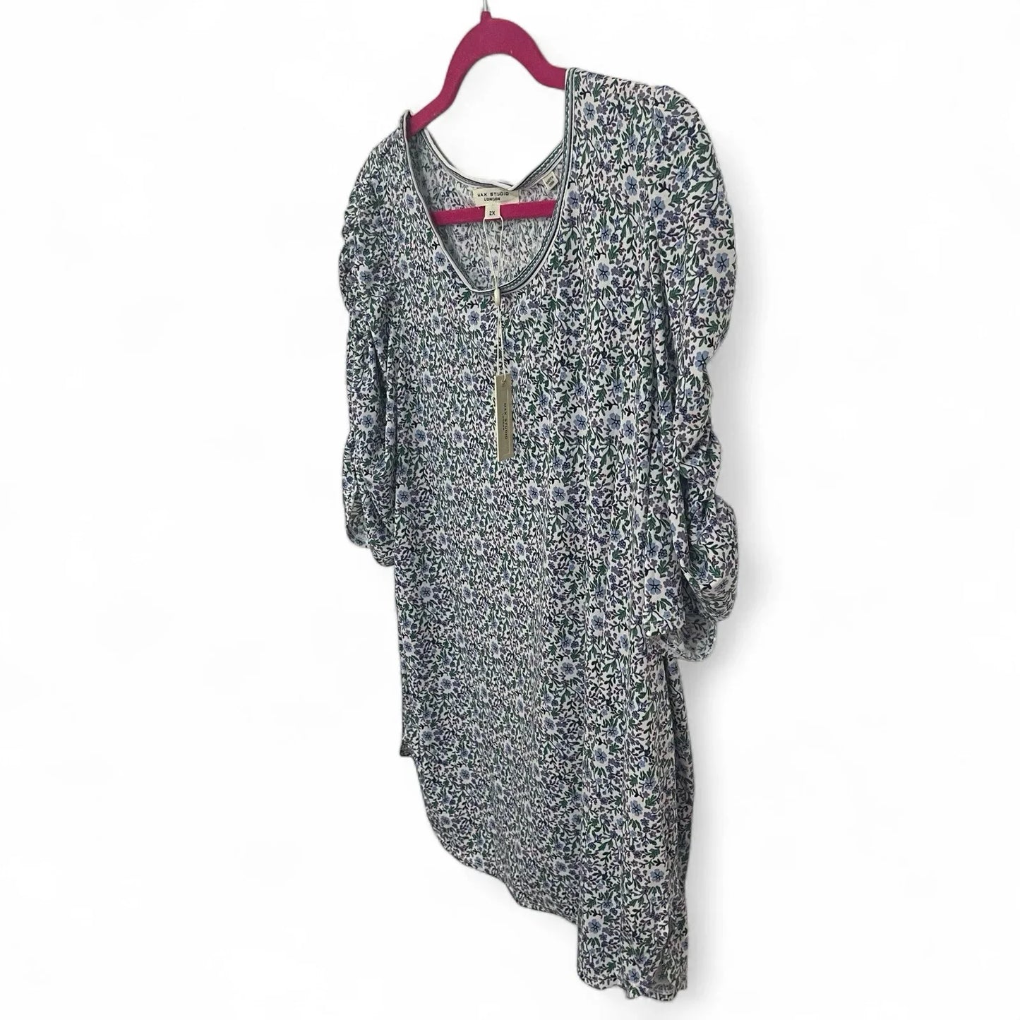 Max Studio Women’s Blouse 1X Blue Floral Ruched Puff Sleeve Scoop Neck NWT - Trendiez U ♥ 