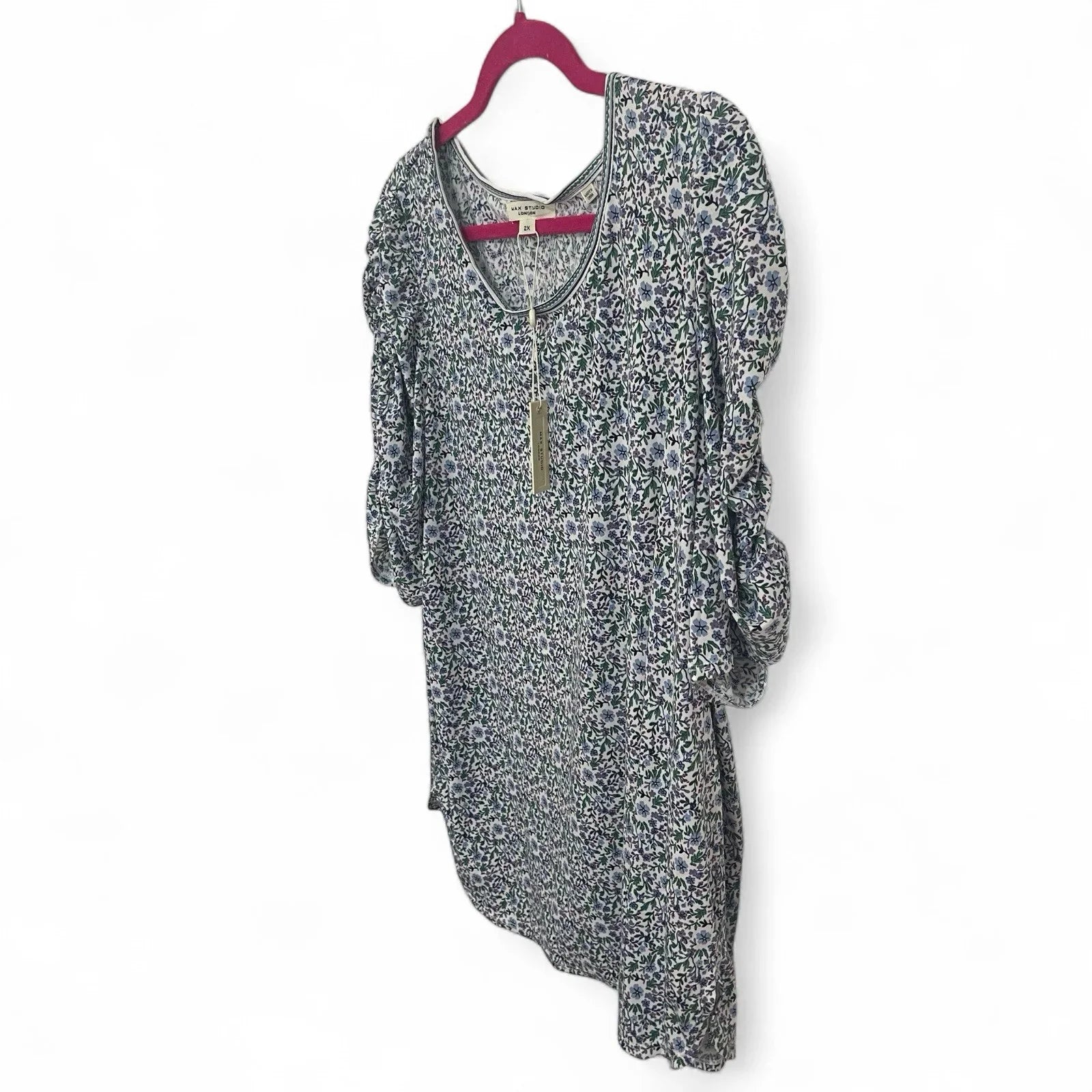 Max Studio Women’s Blouse 1X Blue Floral Ruched Puff Sleeve Scoop Neck NWT - Trendiez U ♥ 