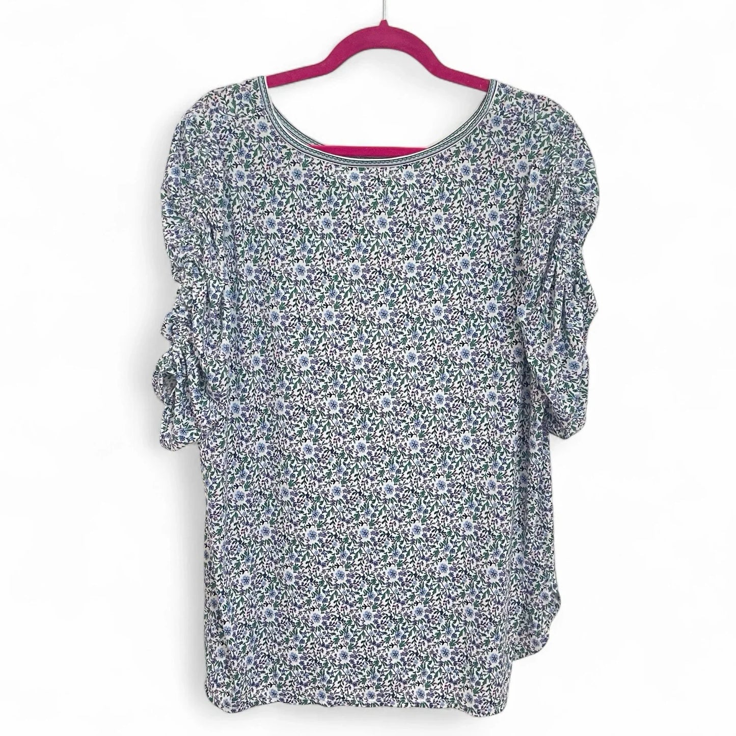 Max Studio Women’s Blouse 1X Blue Floral Ruched Puff Sleeve Scoop Neck NWT - Trendiez U ♥ 