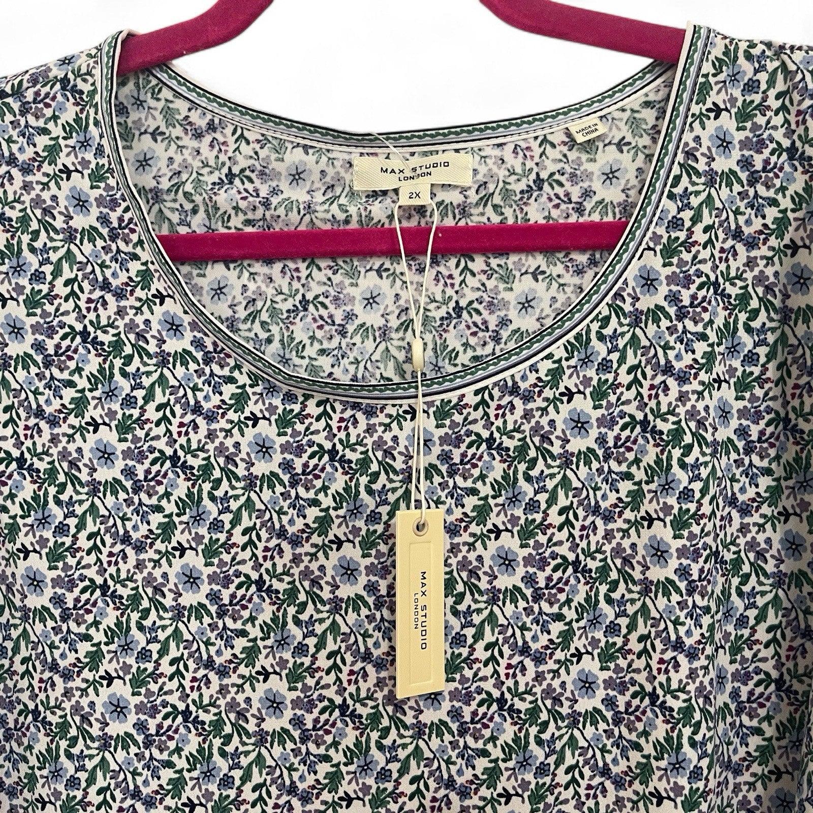 Max Studio Women’s Blouse 1X Blue Floral Ruched Puff Sleeve Scoop Neck NWT - Trendiez U ♥ 