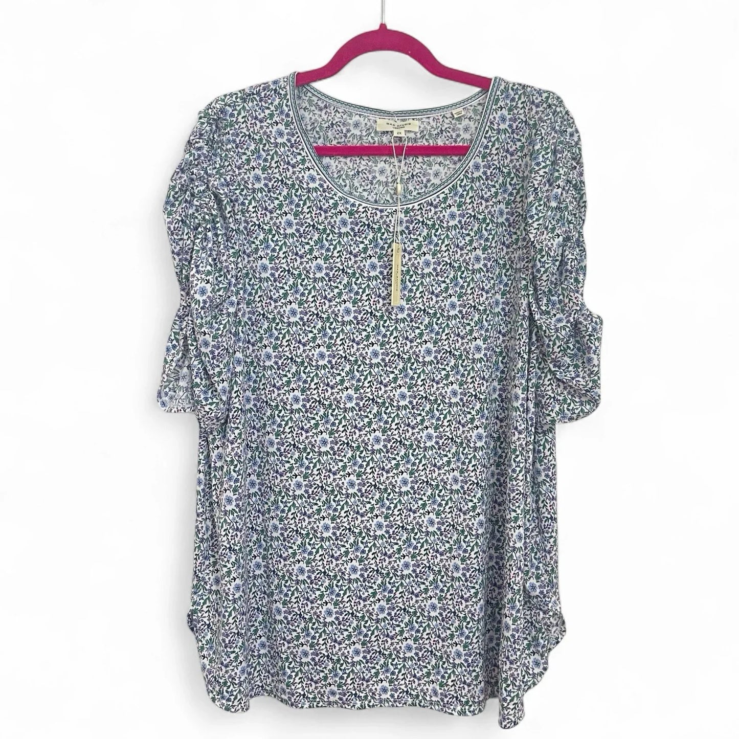 Max Studio Women’s Blouse 1X Blue Floral Ruched Puff Sleeve Scoop Neck NWT - Trendiez U ♥ 
