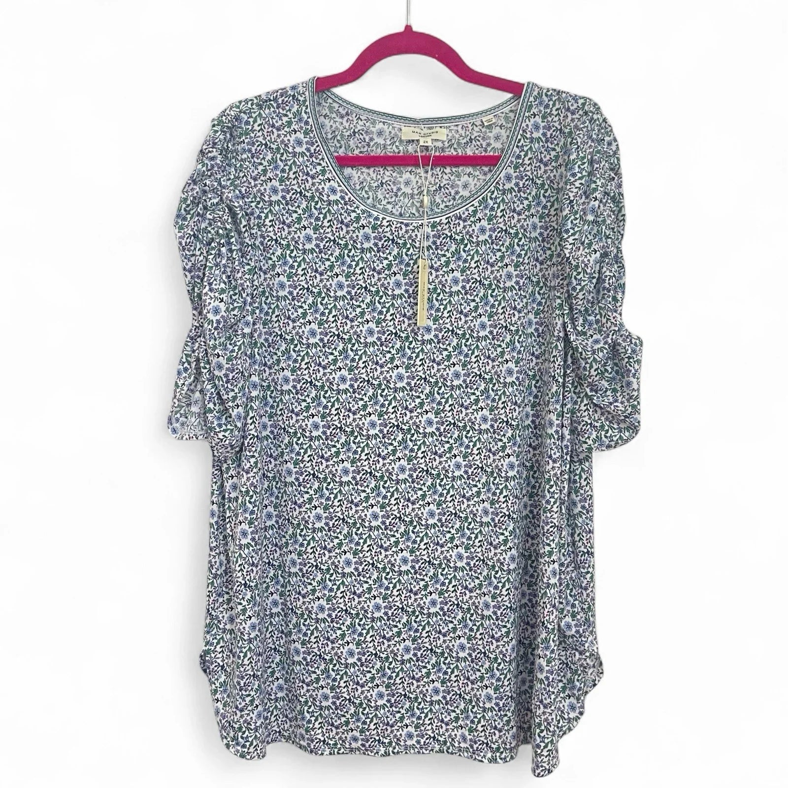 Max Studio Women’s Blouse 1X Blue Floral Ruched Puff Sleeve Scoop Neck NWT - Trendiez U ♥ 