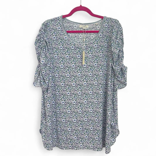 Max Studio Women’s Blouse 1X Blue Floral Ruched Puff Sleeve Scoop Neck NWT - Trendiez U ♥ 