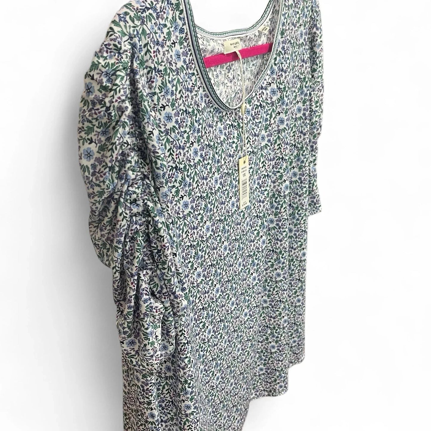 Max Studio Women’s Blouse 1X Blue Floral Ruched Puff Sleeve Scoop Neck NWT - Trendiez U ♥ 