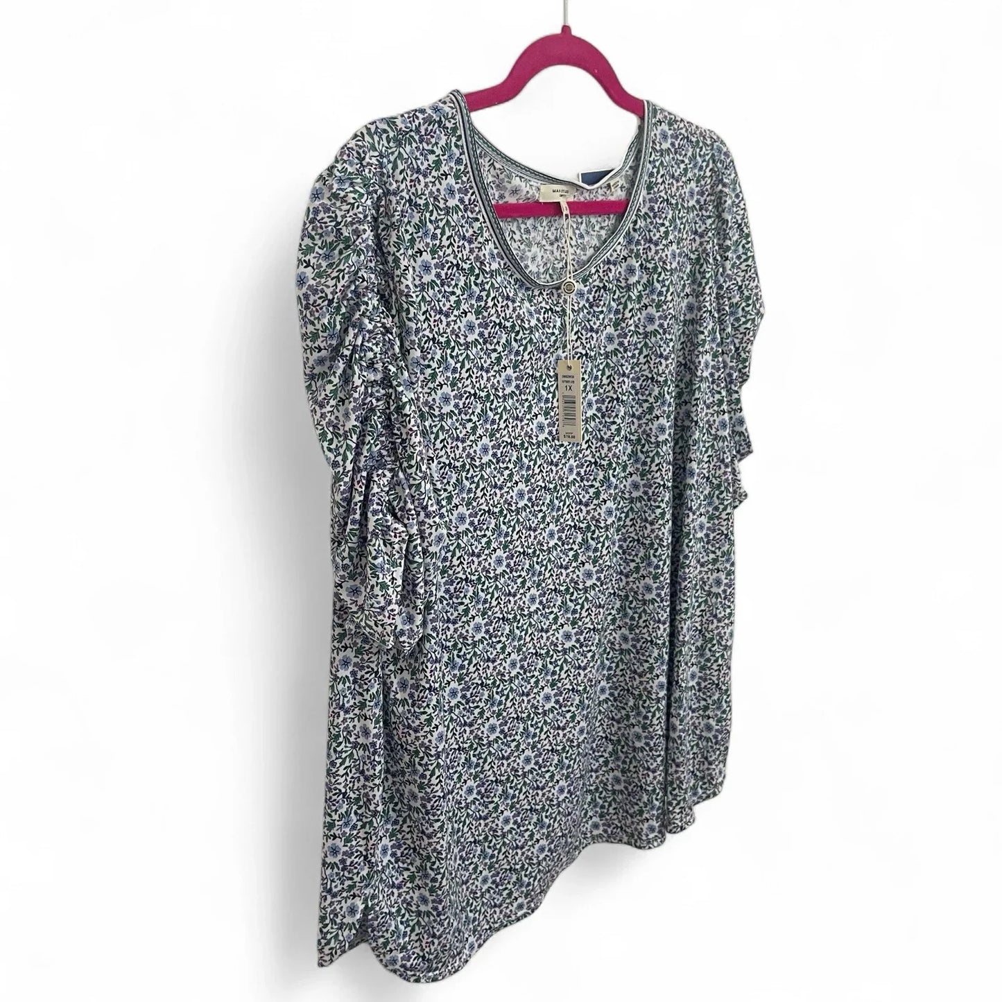 Max Studio Women’s Blouse 1X Blue Floral Ruched Puff Sleeve Scoop Neck NWT - Trendiez U ♥ 