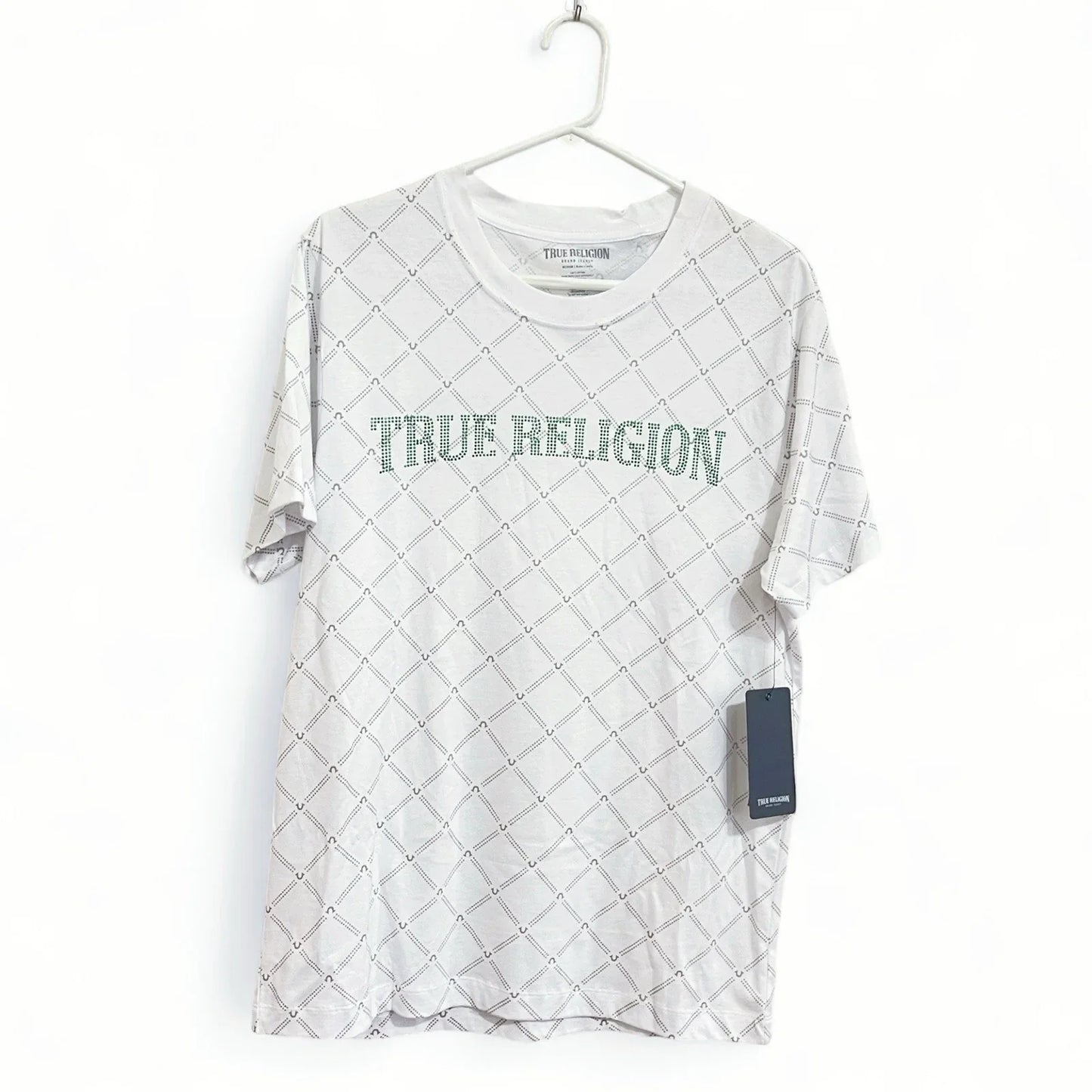 MENS LARGE WHITE/GREEN BLINGED LOGO TRUE RELIGION T-SHIRT - NWT - Trendiez U ♥ 