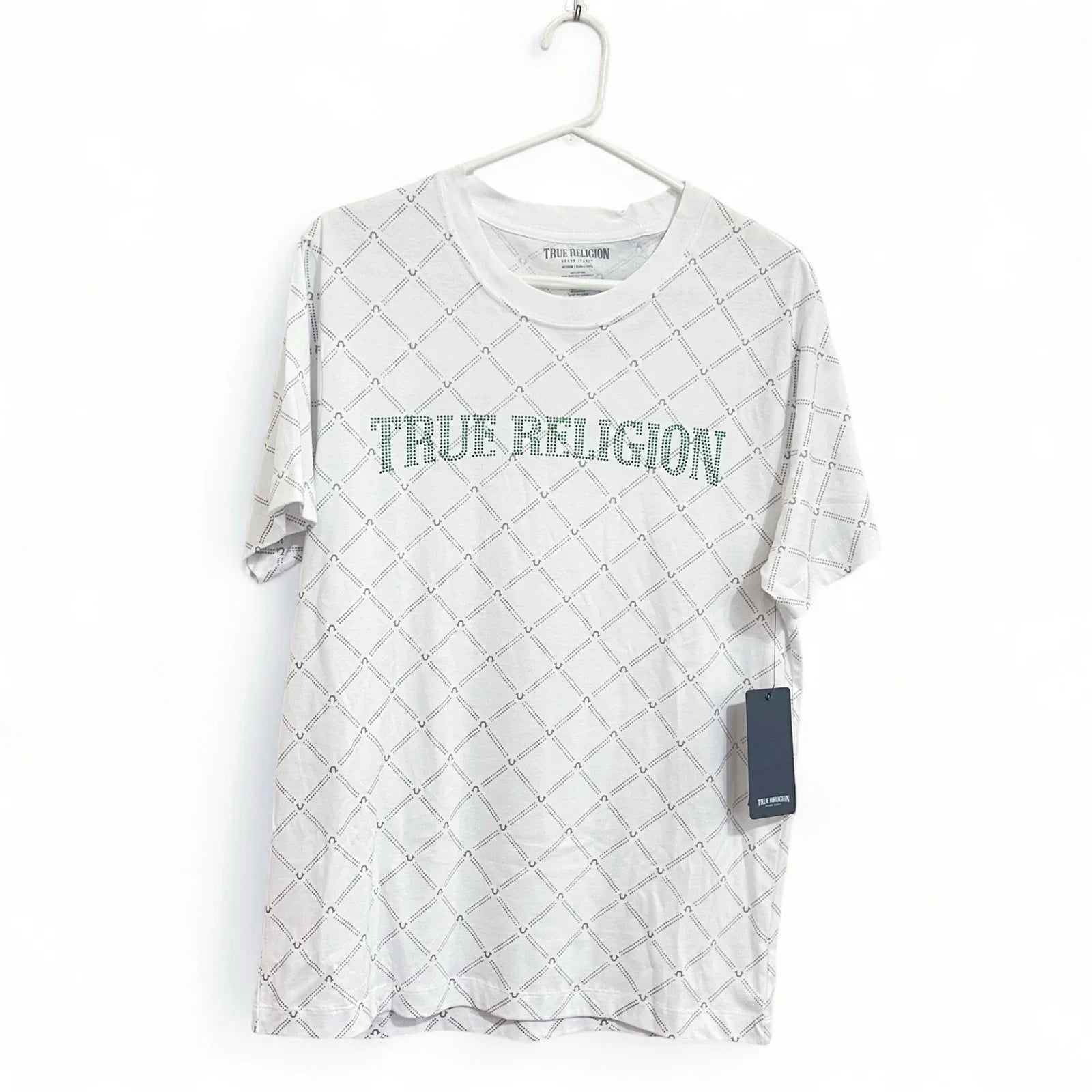 MENS LARGE WHITE/GREEN BLINGED LOGO TRUE RELIGION T-SHIRT - NWT - Trendiez U ♥ 