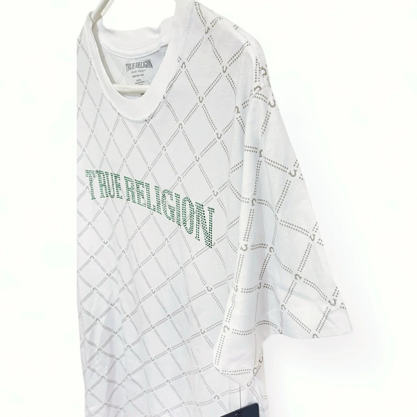 MENS LARGE WHITE/GREEN BLINGED LOGO TRUE RELIGION T-SHIRT - NWT - Trendiez U ♥ 