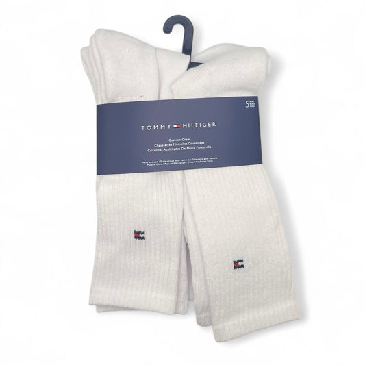 MENS' TOMMY HILFIGER CUSHION CREW SOCKS SOLID WHITE 5 PAIRS - Trendiez U ♥ 