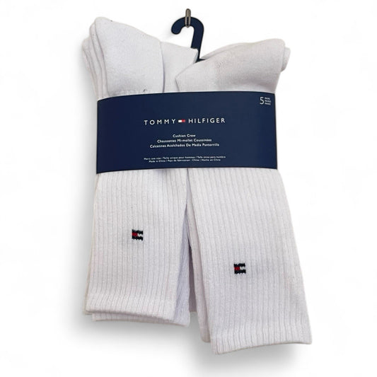MENS' TOMMY HILFIGER CUSHION CREW SOCKS SOLID WHITE 5 PAIRS - Trendiez U ♥ 