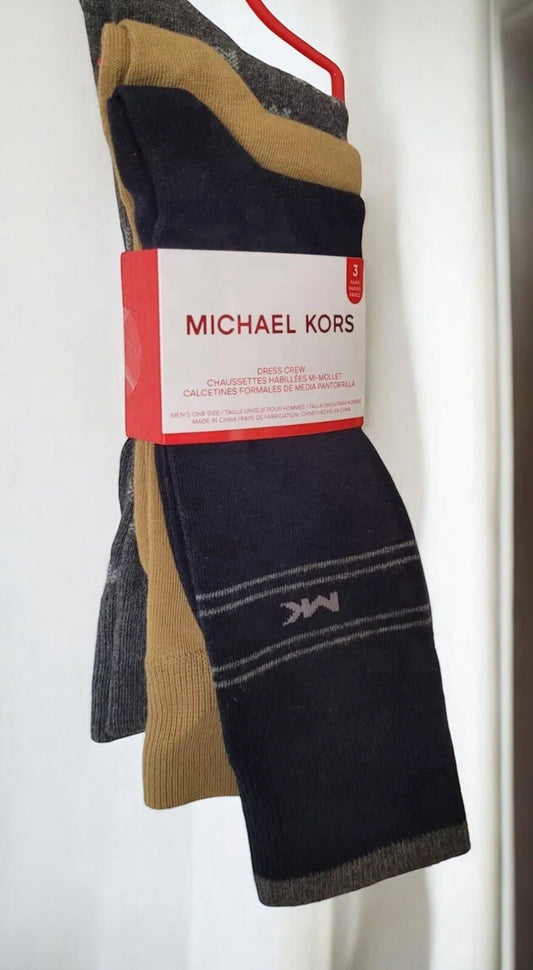 Michael Kors Men’s Dress Crew Socks – 3-Pair Pack, Logo Black/Gray/Tan, One Size - Trendiez U ♥ 