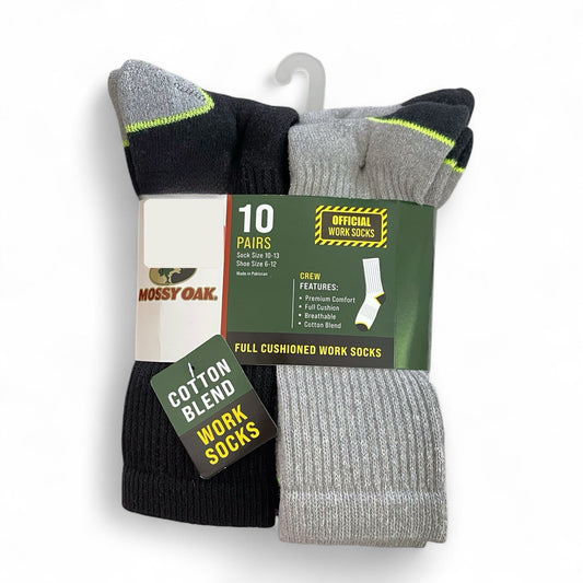 Mossy Oak Men’s Work Crew Socks – 10 Pairs Cushioned Gray/Black - Trendiez U ♥ 