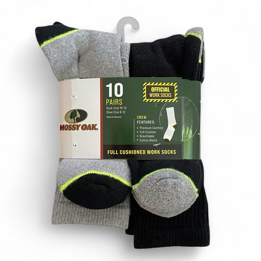 Mossy Oak Men’s Work Crew Socks – 10 Pairs Cushioned Gray/Black - Trendiez U ♥ 