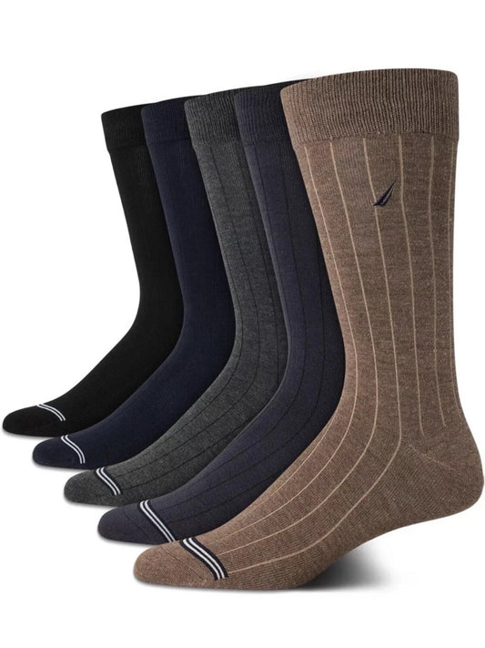 Nautica Men’s Crew Socks – 5-Pair Pack, Ribbed Casual/Dress, Brown/Gray/Blue/Black - Trendiez U ♥ 
