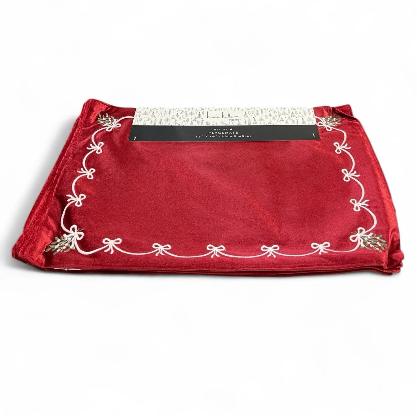 Nicole Miller Red Velvet Placemats 4PC Embroidered Christmas Elegant - Trendiez U ♥ 