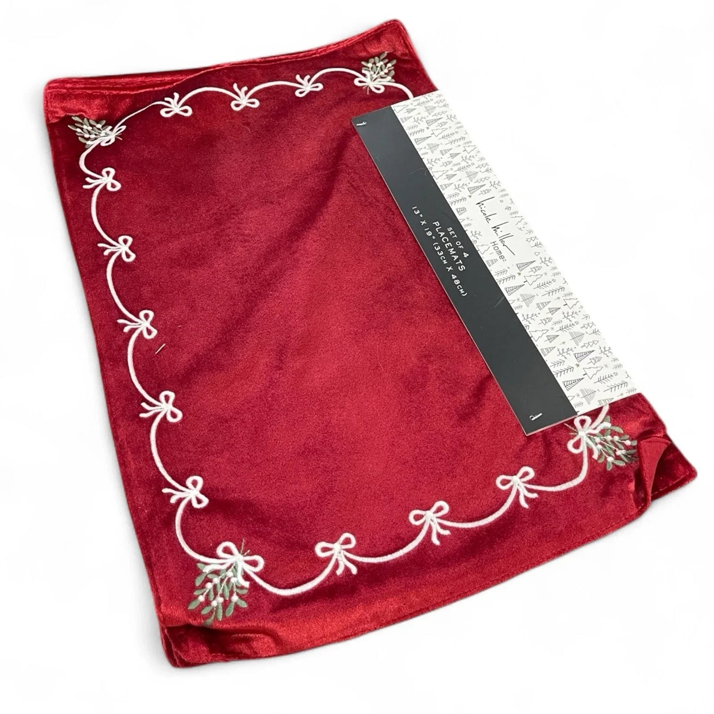 Nicole Miller Red Velvet Placemats 4PC Embroidered Christmas Elegant - Trendiez U ♥ 