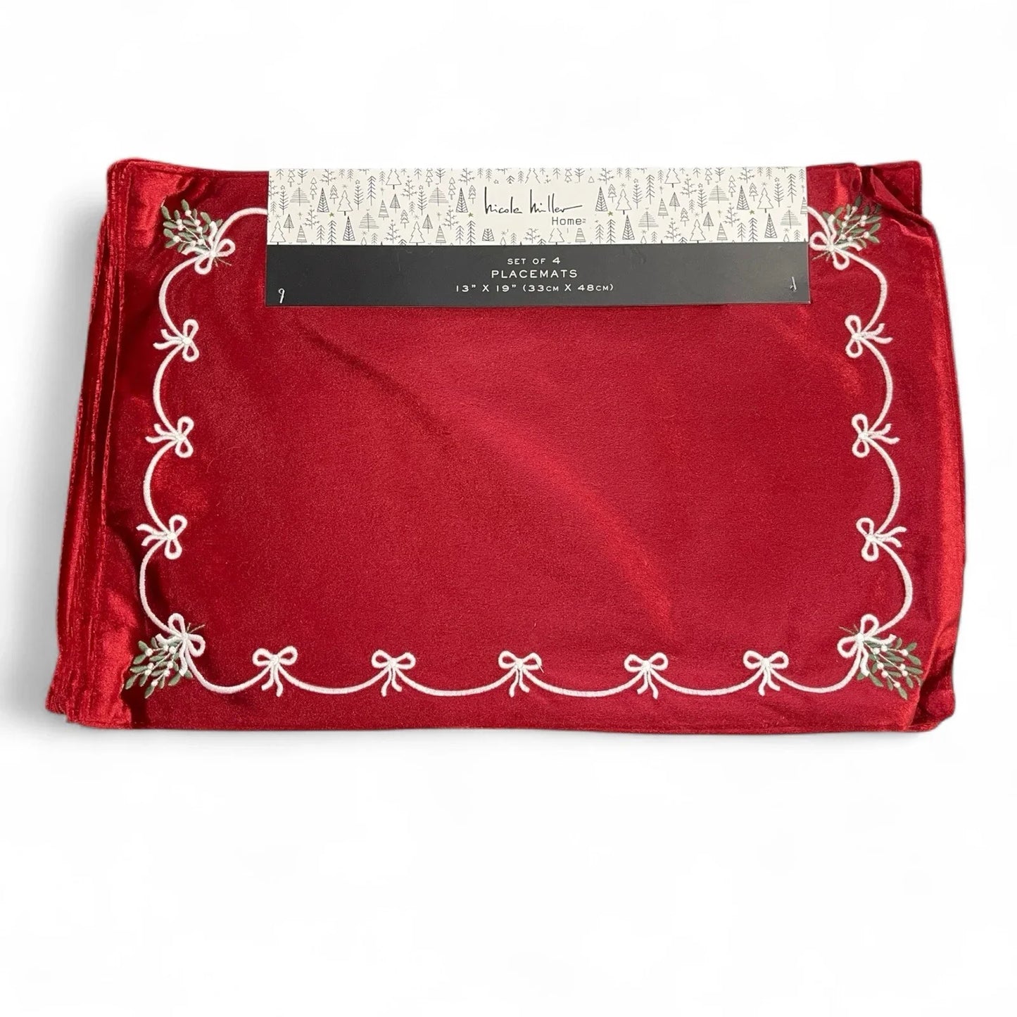 Nicole Miller Red Velvet Placemats 4PC Embroidered Christmas Elegant - Trendiez U ♥ 