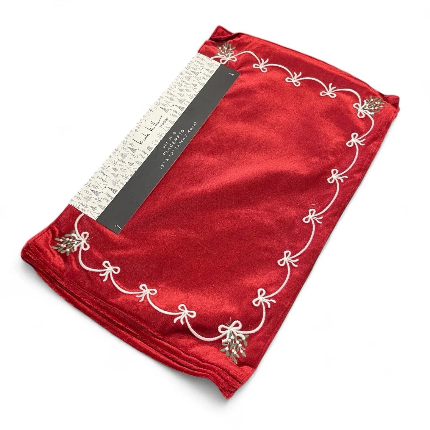 Nicole Miller Red Velvet Placemats 4PC Embroidered Christmas Elegant - Trendiez U ♥ 