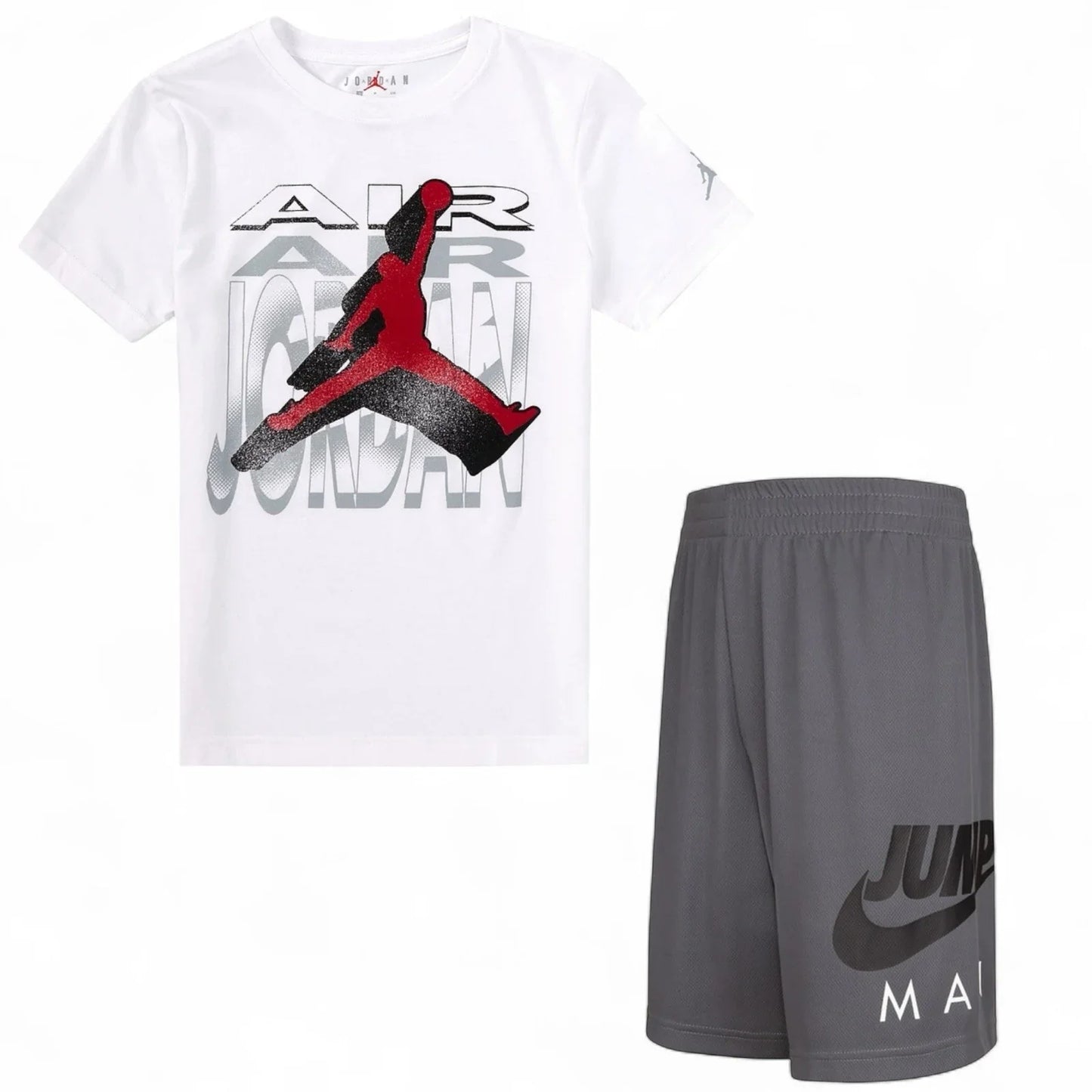 NIKE AIR JORDAN BOY'S 2 PC SET White SHORT SLEEVE GRAY MESH SHORTS - Trendiez U ♥ 