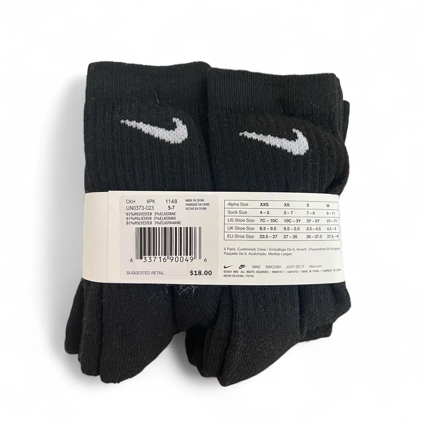 Nike Boys Cushioned Crew Socks Shoe Size 10C-3Y Athletic 6 Pair Solid Black - Trendiez U ♥ 