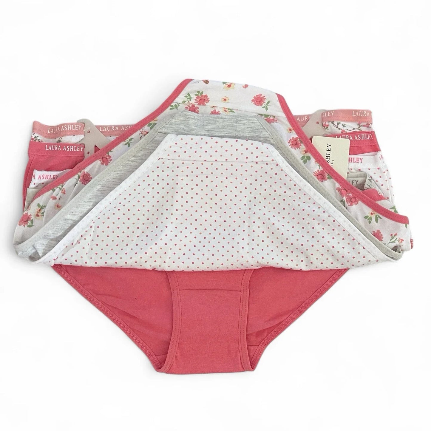 NWT 5 pack L Laura Ashley Cotton Pink Brief Panties $48 Logo Band Asst Color - Trendiez U ♥ 