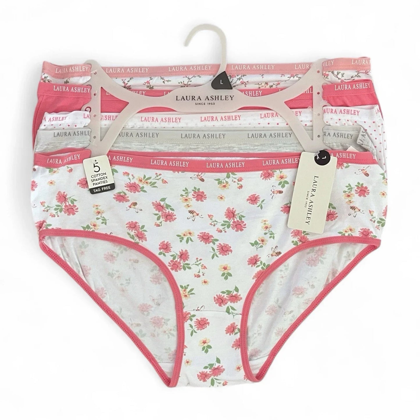 NWT 5 pack L Laura Ashley Cotton Pink Brief Panties $48 Logo Band Asst Color - Trendiez U ♥ 