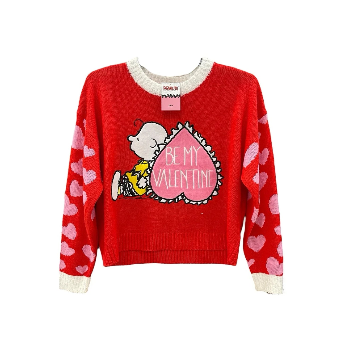 Peanuts Snoopy Valentine’s Sweater Sz L Red w/ Pink Hearts Embroidered Charlie - Trendiez U ♥ 