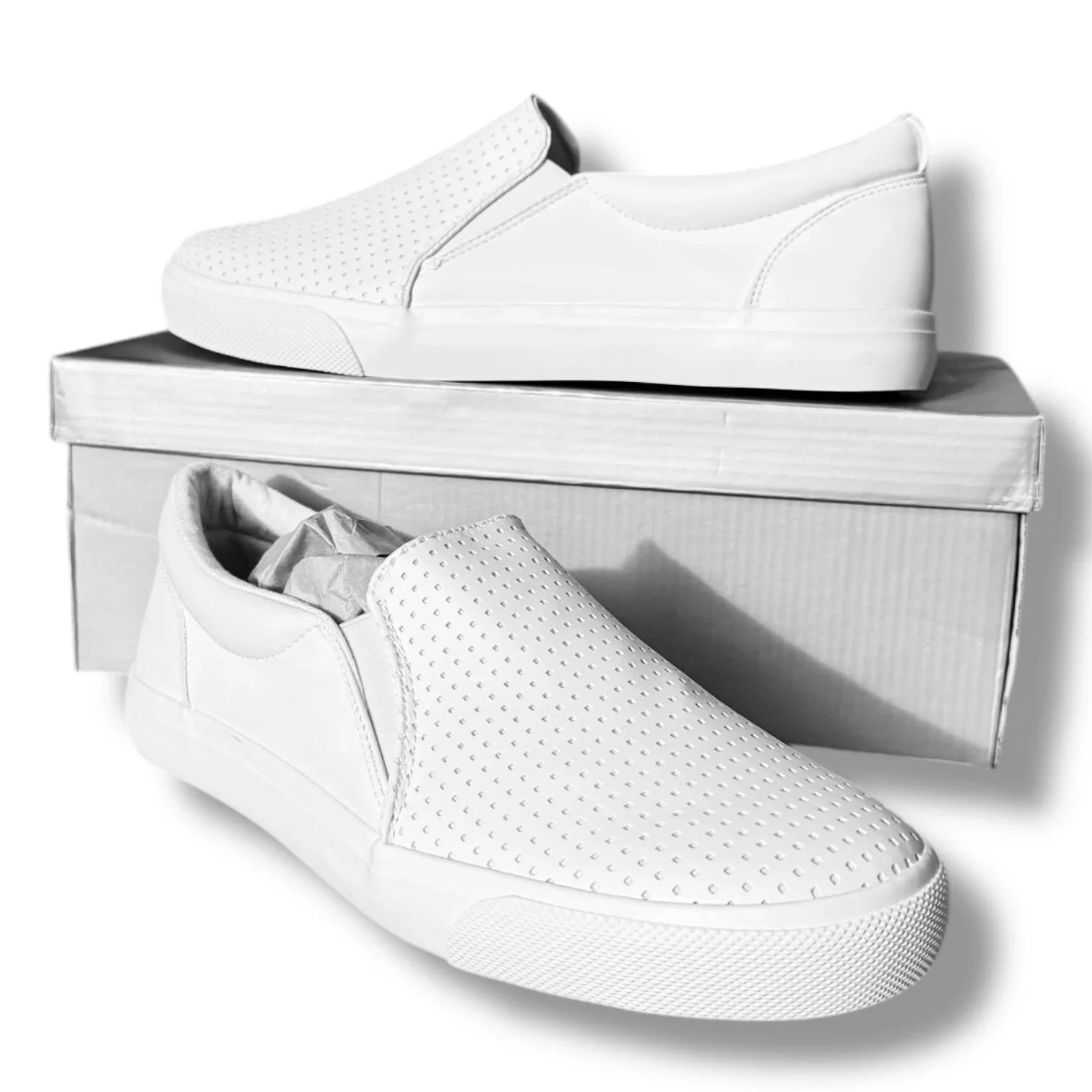 Perry Ellis Mens White Vegan Leather Slip On Luxury Sneakers Shoes Size 9 - Trendiez U ♥ 