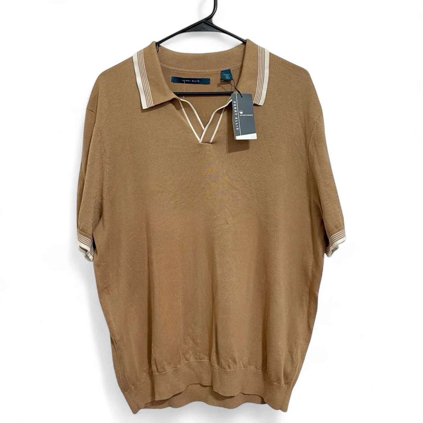 Perry Ellis Polo Shirt Men’s Size L Tan/White Casual Short Sleeve Lightweight - Trendiez U ♥ 