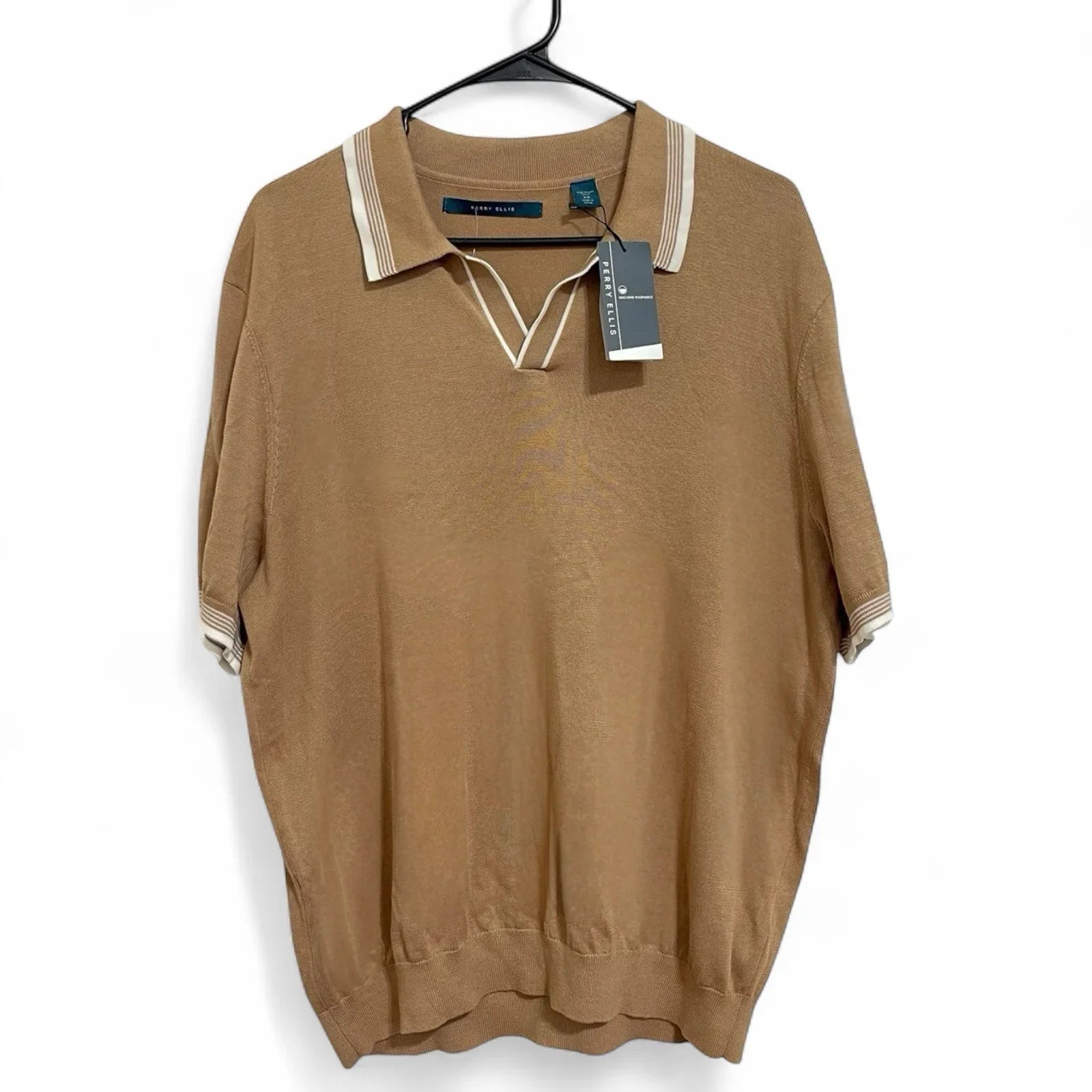 Perry Ellis Polo Shirt Men’s Size L Tan/White Casual Short Sleeve Lightweight - Trendiez U ♥ 