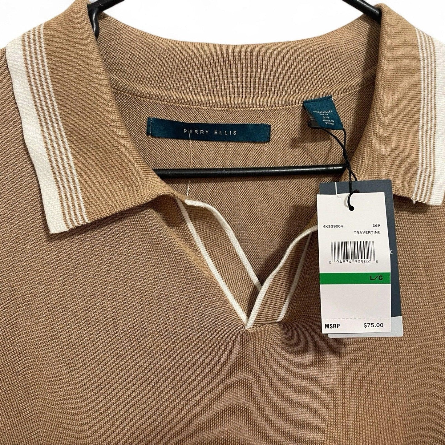 Perry Ellis Polo Shirt Men’s Size L Tan/White Casual Short Sleeve Lightweight - Trendiez U ♥ 