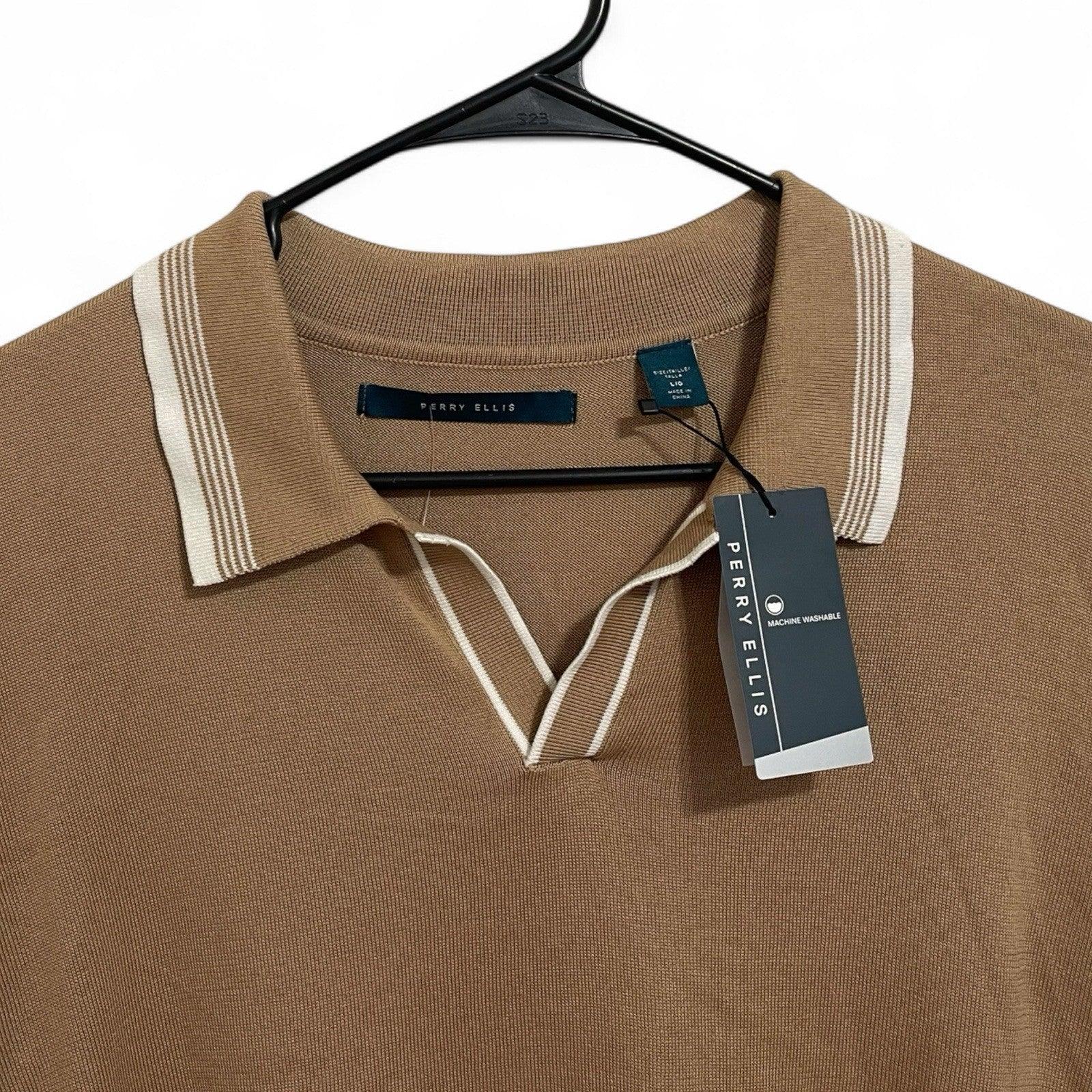 Perry Ellis Polo Shirt Men’s Size L Tan/White Casual Short Sleeve Lightweight - Trendiez U ♥ 