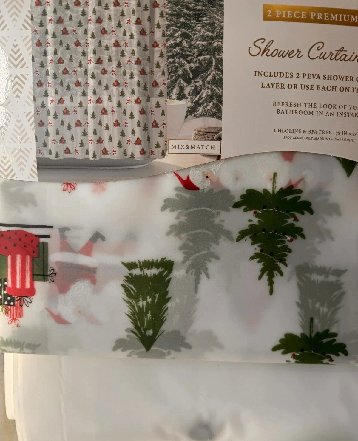 PEVA Christmas Shower Curtain Set Chlorine Free 2 Pc Tree Truck Santa Sleigh - Trendiez U ♥ 