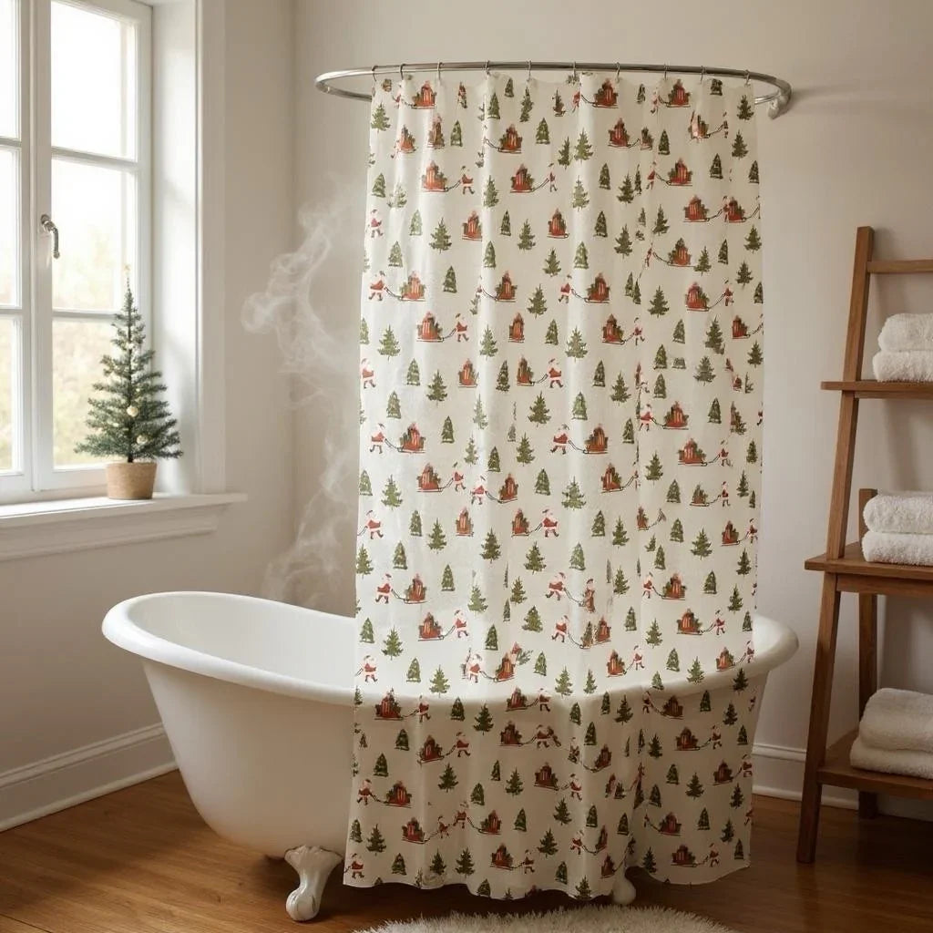 PEVA Christmas Shower Curtain Set Chlorine Free 2 Pc Tree Truck Santa Sleigh - Trendiez U ♥ 