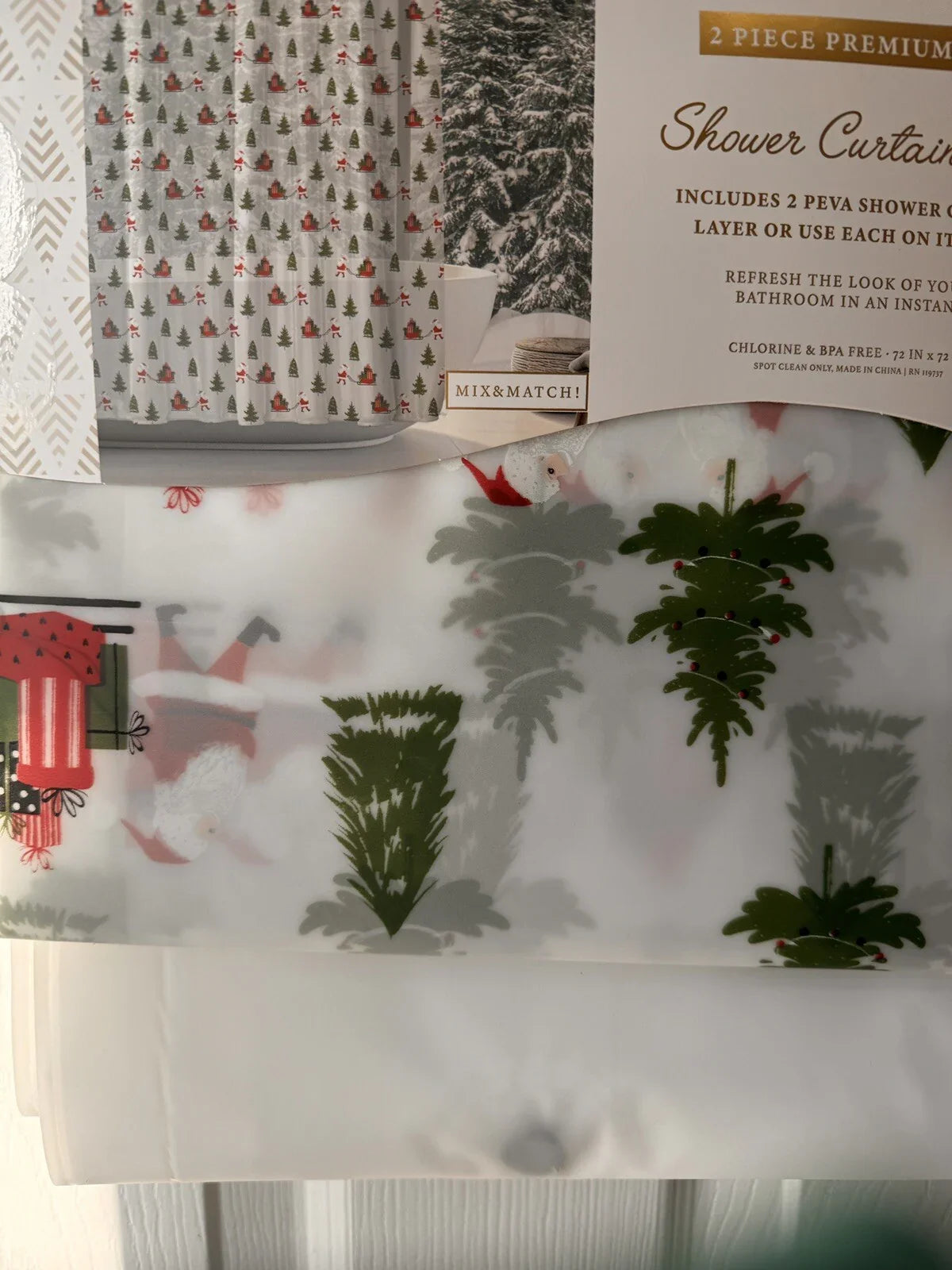 PEVA Christmas Shower Curtain Set Chlorine Free 2 Pc Tree Truck Santa Sleigh - Trendiez U ♥ 