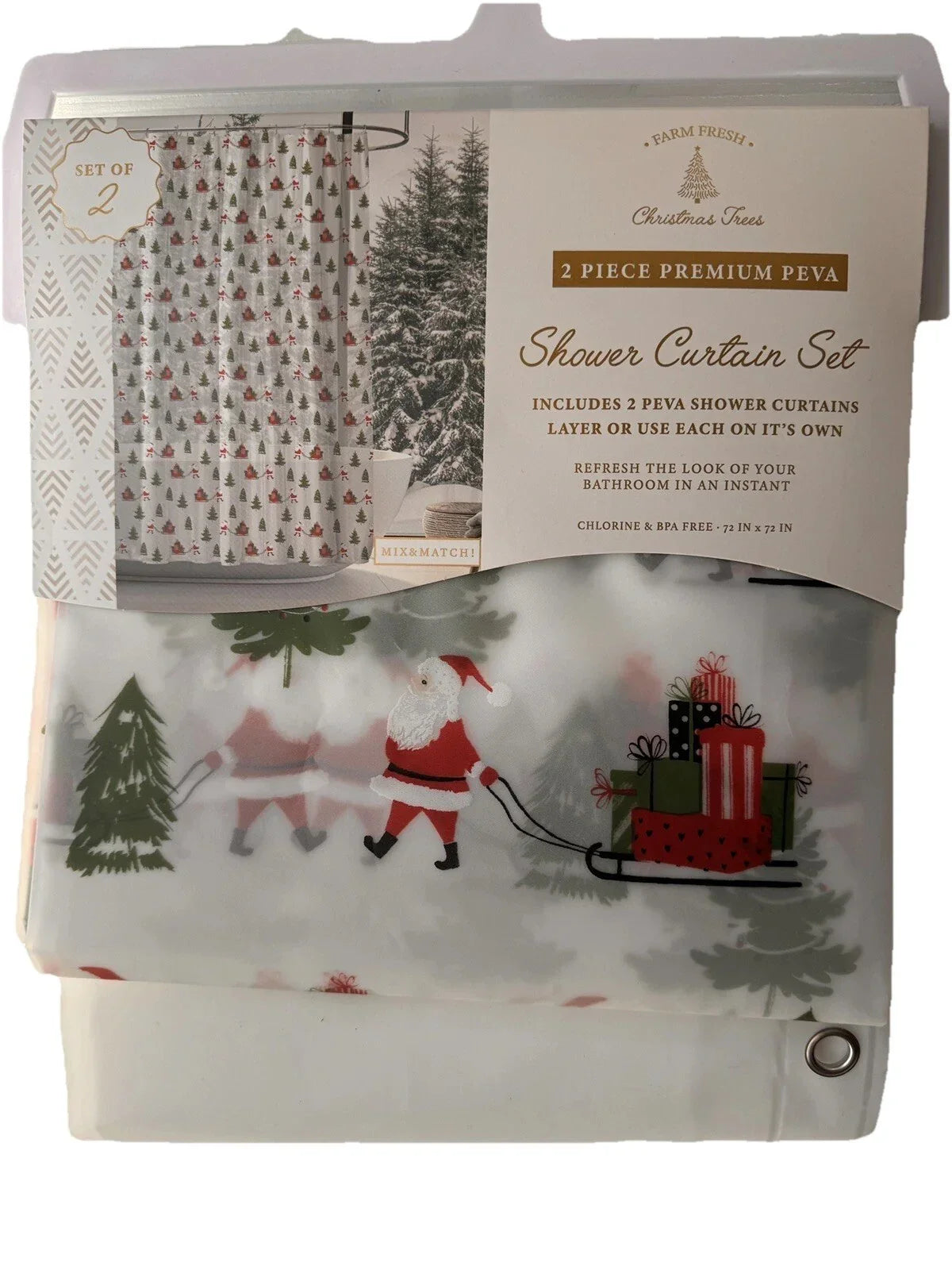 PEVA Christmas Shower Curtain Set Chlorine Free 2 Pc Tree Truck Santa Sleigh - Trendiez U ♥ 