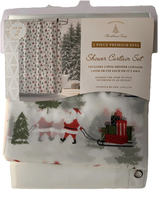 PEVA Christmas Shower Curtain Set Chlorine Free 2 Pc Tree Truck Santa Sleigh - Trendiez U ♥ 