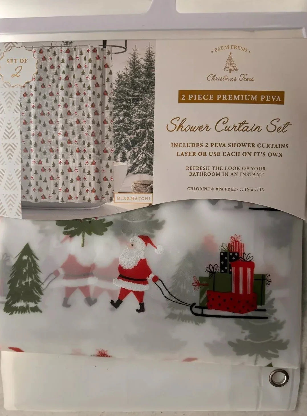 PEVA Christmas Shower Curtain Set Chlorine Free 2 Pc Tree Truck Santa Sleigh - Trendiez U ♥ 