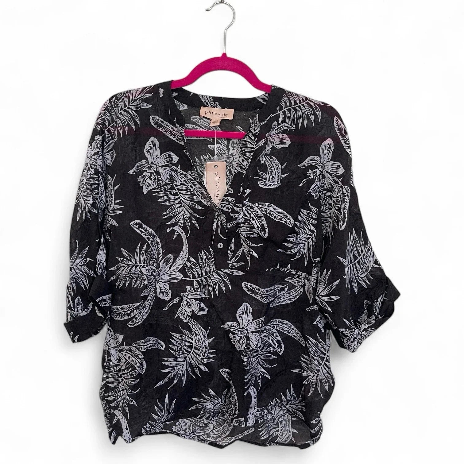 Philosophy Black Coastal Floral Blouse Size M Lightweight Relaxed Fit - Trendiez U ♥ 