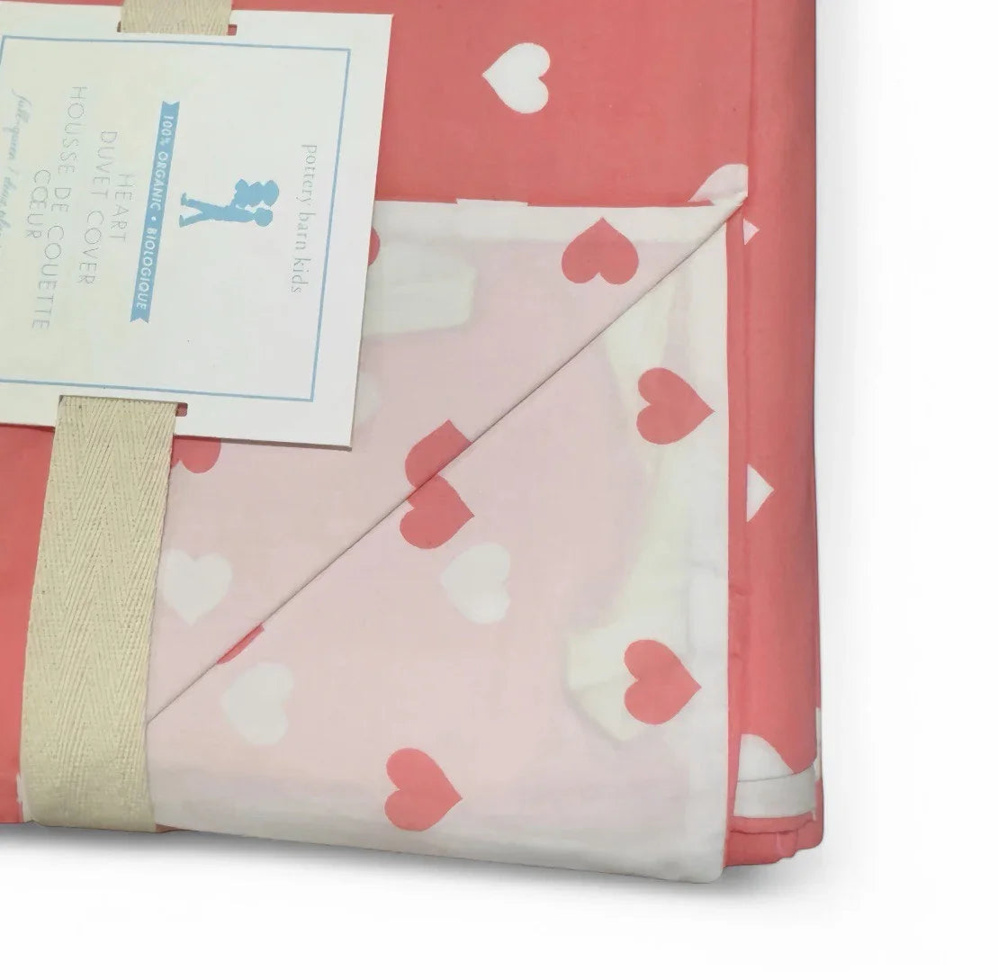 Pottery Barn Kids Organic Cotton Percale Full/Queen Duvet White Coral Pink Heart - Trendiez U ♥ 
