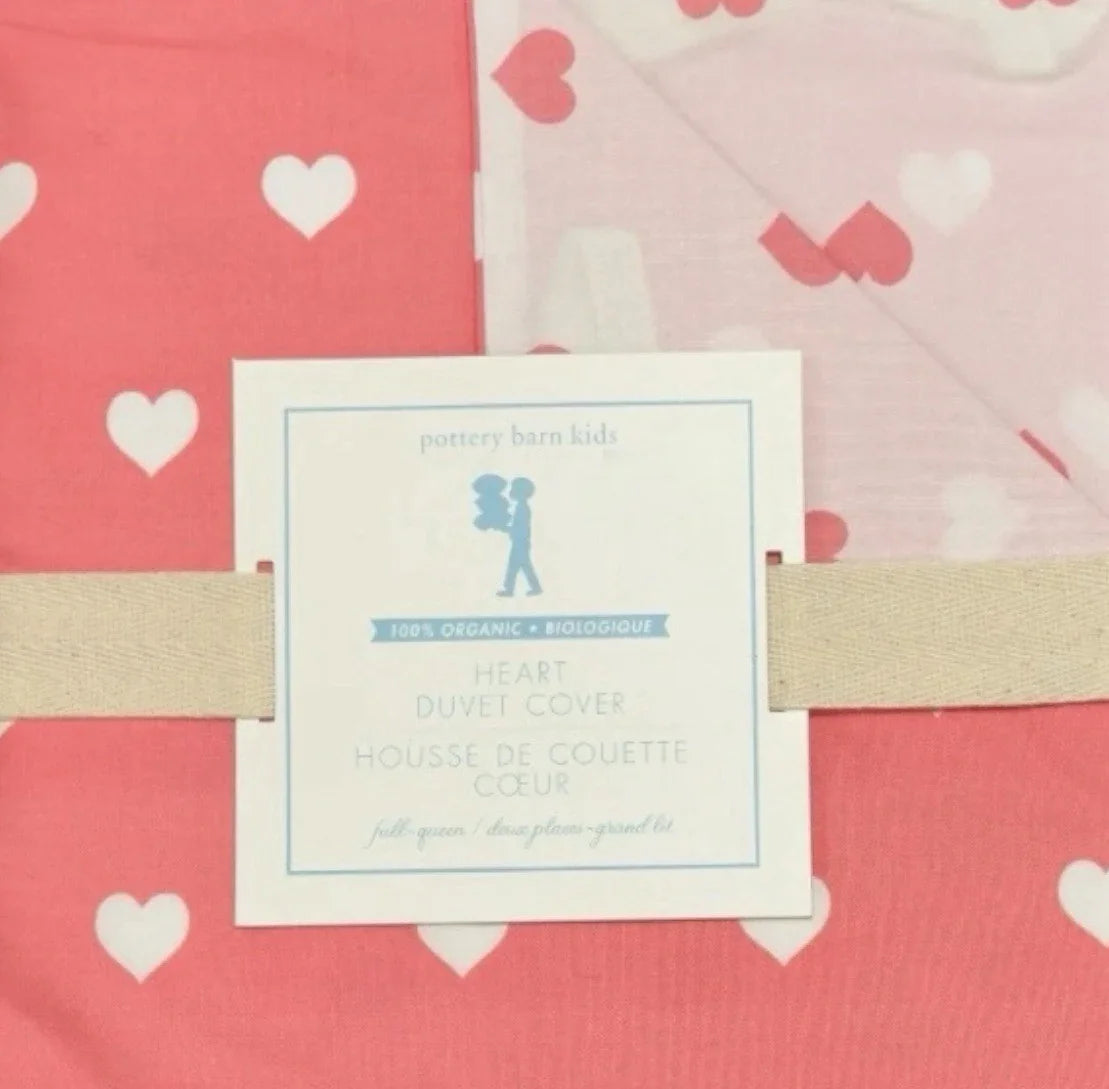 Pottery Barn Kids Organic Cotton Percale Full/Queen Duvet White Coral Pink Heart - Trendiez U ♥ 