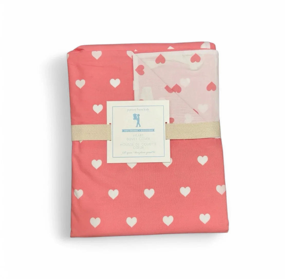 Pottery Barn Kids Organic Cotton Percale Full/Queen Duvet White Coral Pink Heart - Trendiez U ♥ 