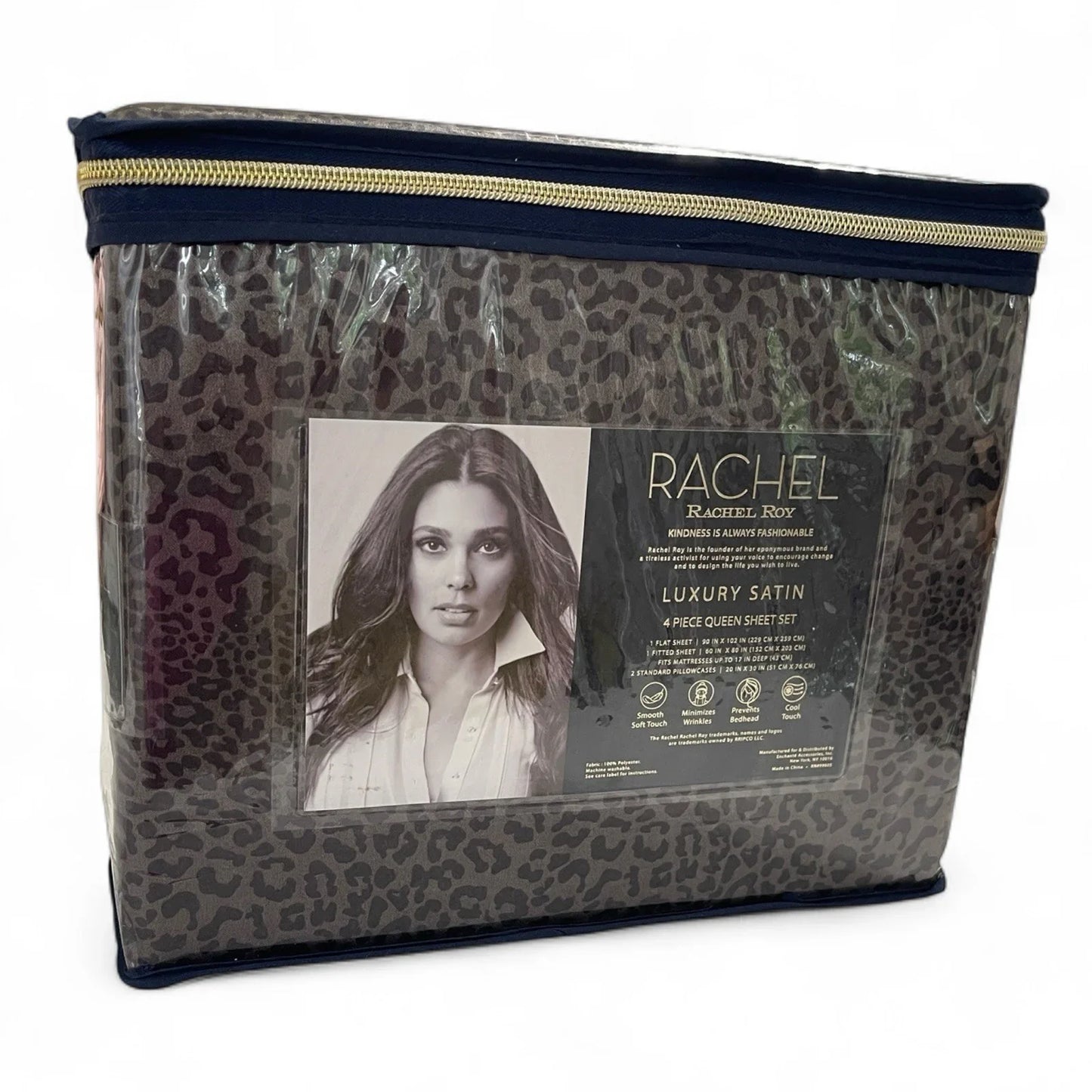 Rachel Roy Luxury Satin 4-Piece QUEEN Sheet Set Silver Leopard Print Elegant - Trendiez U ♥ 