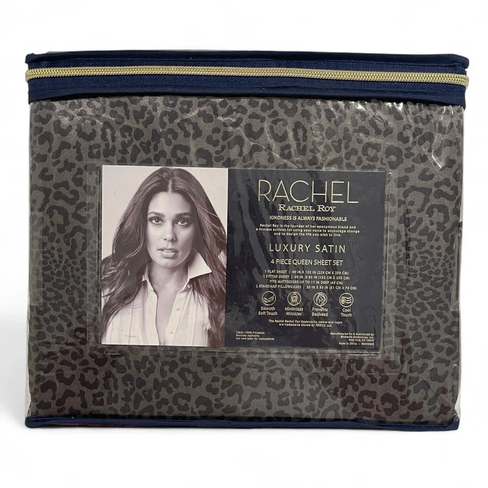 Rachel Roy Luxury Satin 4-Piece QUEEN Sheet Set Silver Leopard Print Elegant - Trendiez U ♥ 