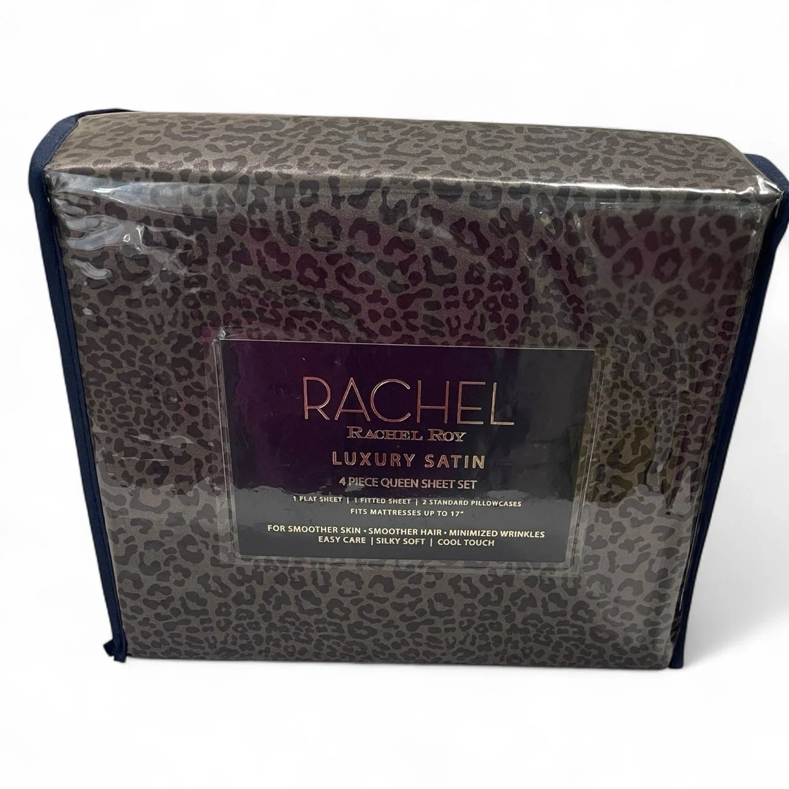 Rachel Roy Luxury Satin 4-Piece QUEEN Sheet Set Silver Leopard Print Elegant - Trendiez U ♥ 