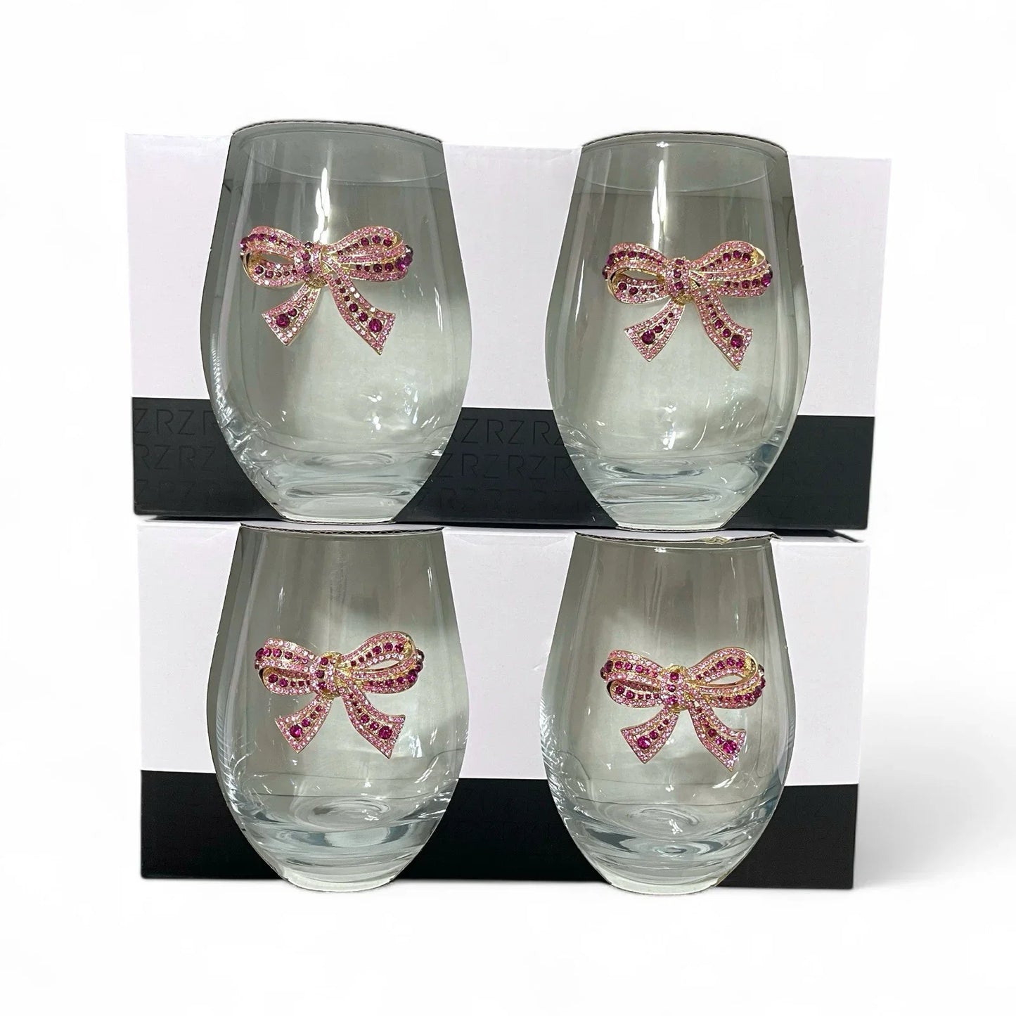 Rachel Zoe 4pc Pink Bow Jeweled Rhinestone 19 Oz Stemless Wine Glass Holiday - Trendiez U ♥ 
