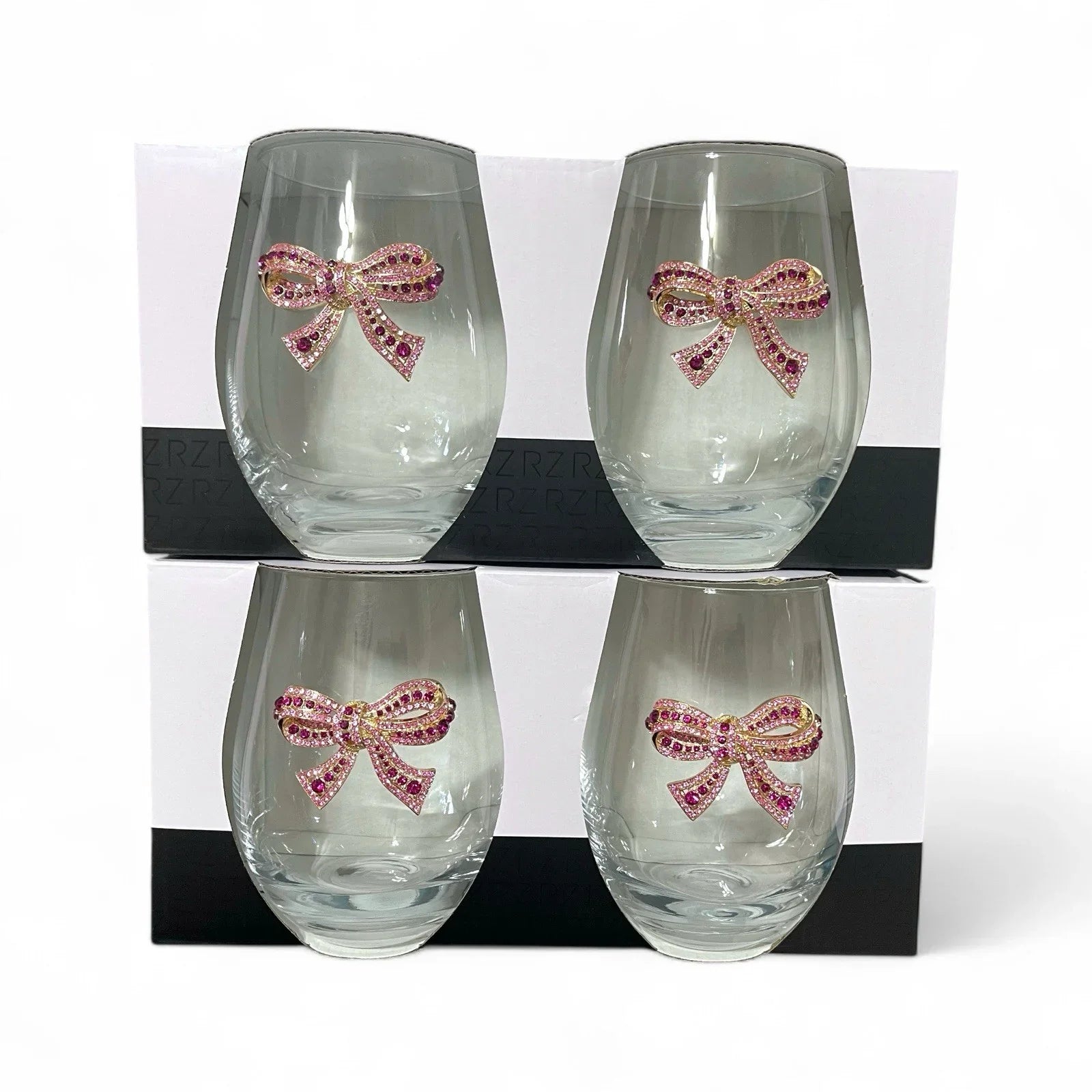 Rachel Zoe 4pc Pink Bow Jeweled Rhinestone 19 Oz Stemless Wine Glass Holiday - Trendiez U ♥ 