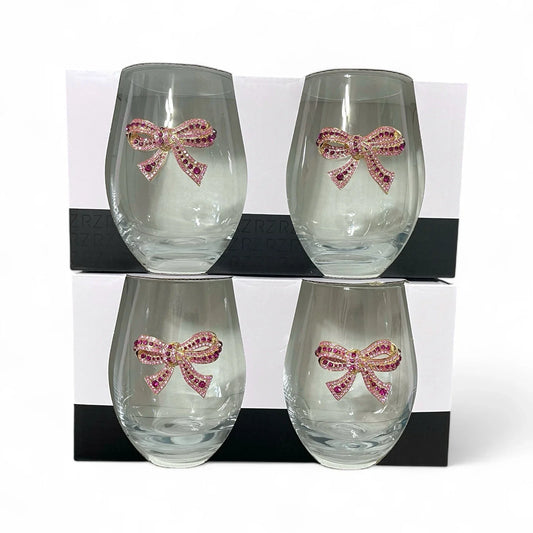 Rachel Zoe 4pc Pink Bow Jeweled Rhinestone 19 Oz Stemless Wine Glass Holiday - Trendiez U ♥ 