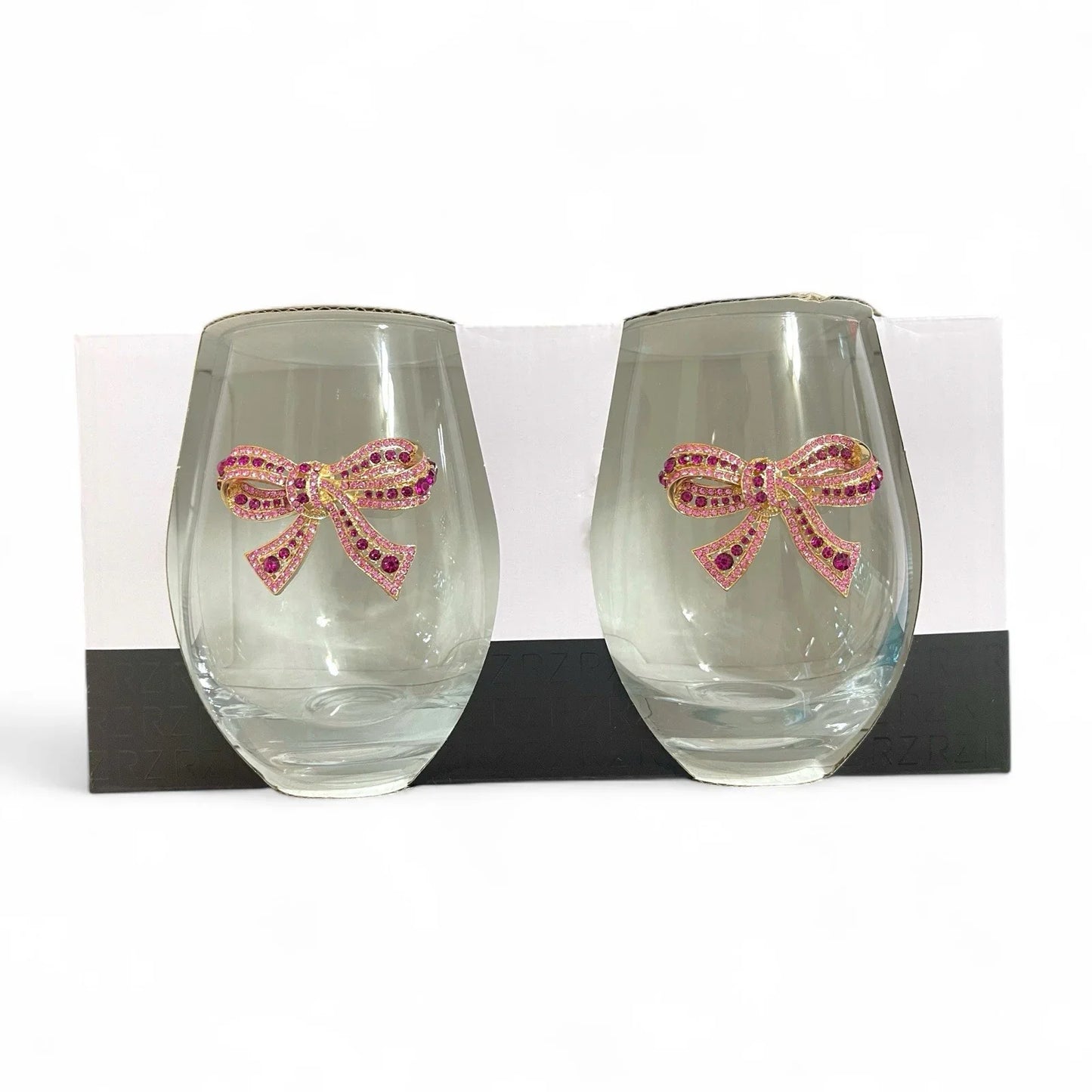 Rachel Zoe 4pc Pink Bow Jeweled Rhinestone 19 Oz Stemless Wine Glass Holiday - Trendiez U ♥ 
